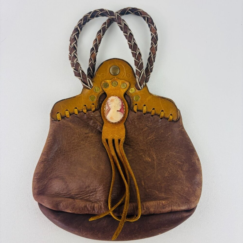 Studded Brown Leather Handbag Cameo Tooled Boho Style Braided Handles Vintage